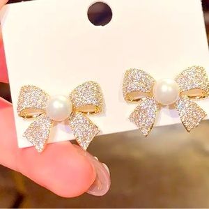 Pave Zirconias and Pearl Bow Design Earring Set NWT